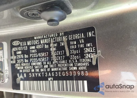 2014 Kia Sorento Lx z USA, uszkodzony, nr VIN 5XYKT3A63EG533983